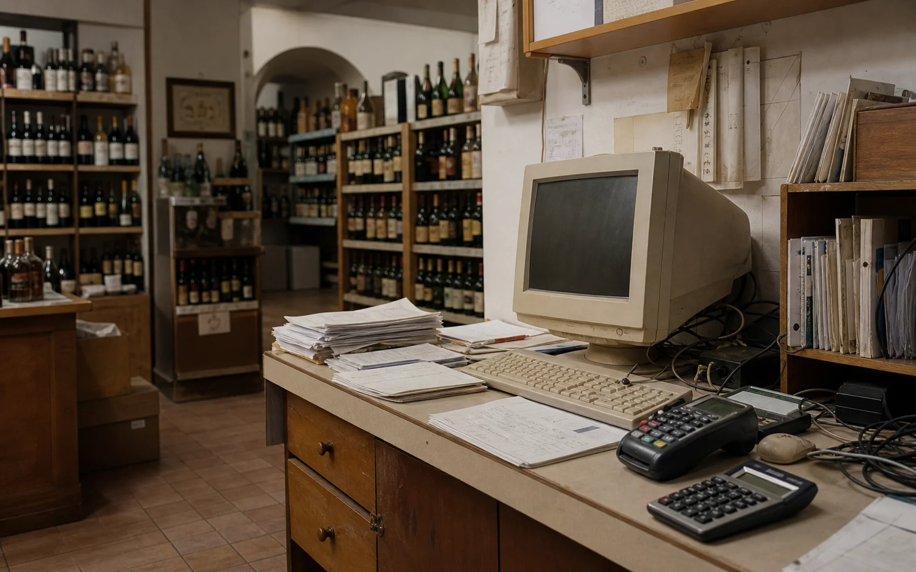 A liquor-store counter with a legacy register, paper notes, and separate reporting tools