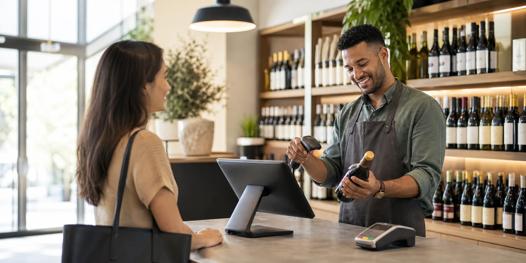 Liquor store associate using a modern point-of-sale workstation at the counter