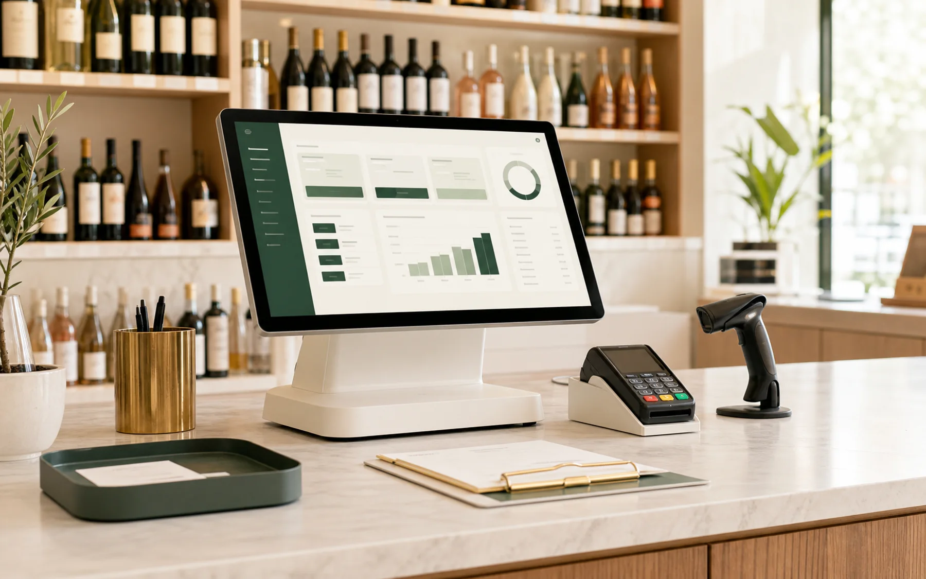 A modern liquor-store point-of-sale workspace with bottle imagery and connected checkout, inventory, ordering, and reporting views