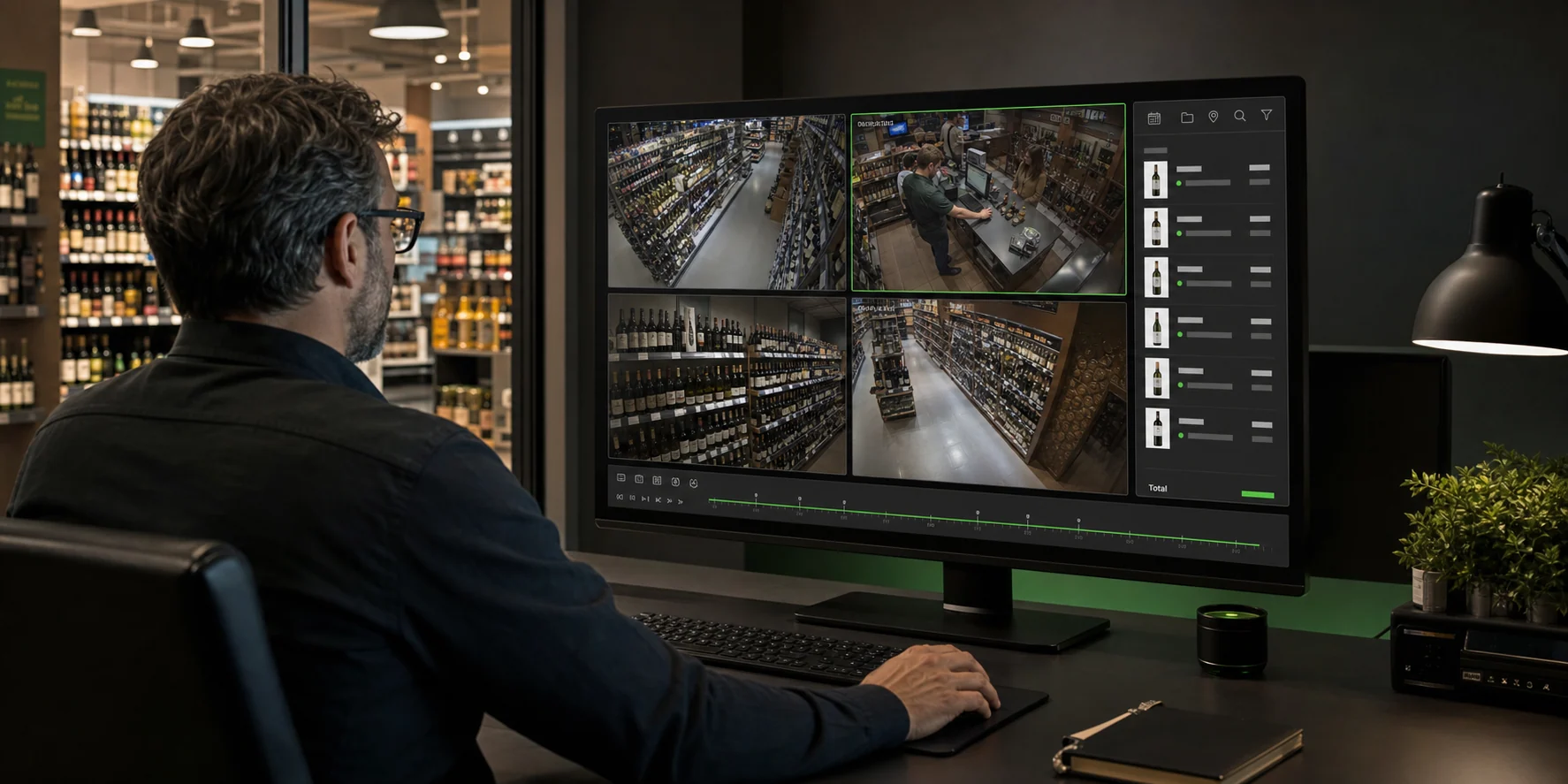 Store owner reviewing an illustrative camera feed with synchronized transaction information